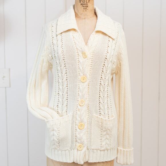 Vintage Cream Cable Knit Fisherman Sweater, Cottage Acrylic Cardigan, Pockets, M - Picture 10 of 11